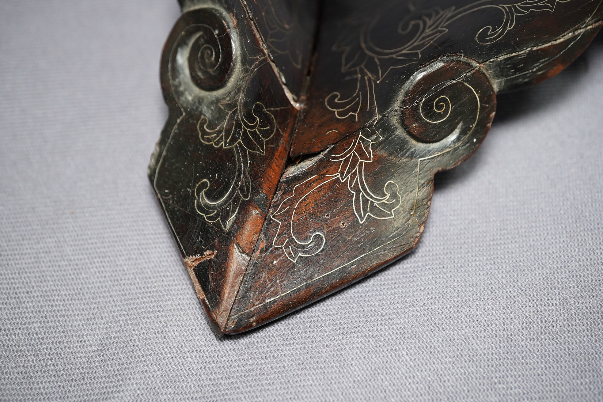 An important pair of Chinese carved zitan and silver wire inlaid ‘cloud and dragon’ curio cabinets and stands, duobaoge, probably Imperial, late Qing dynasty